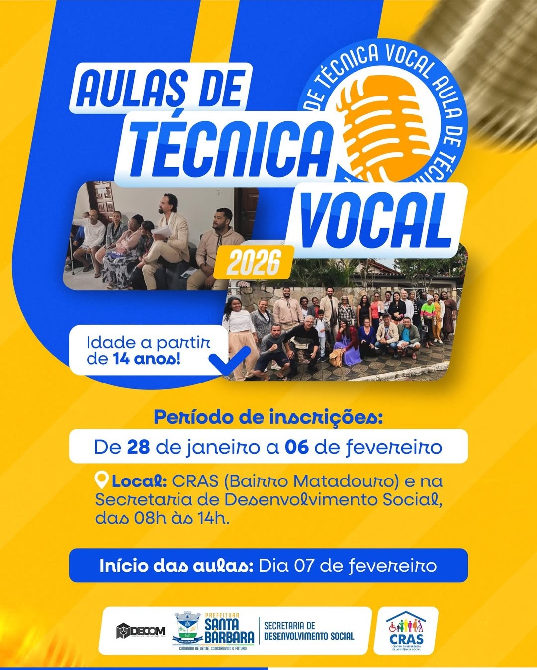 Inscrições abertas! Aulas de técnica vocal 2026. Idade a partir de 14 anos. Faça já a sua inscrição!