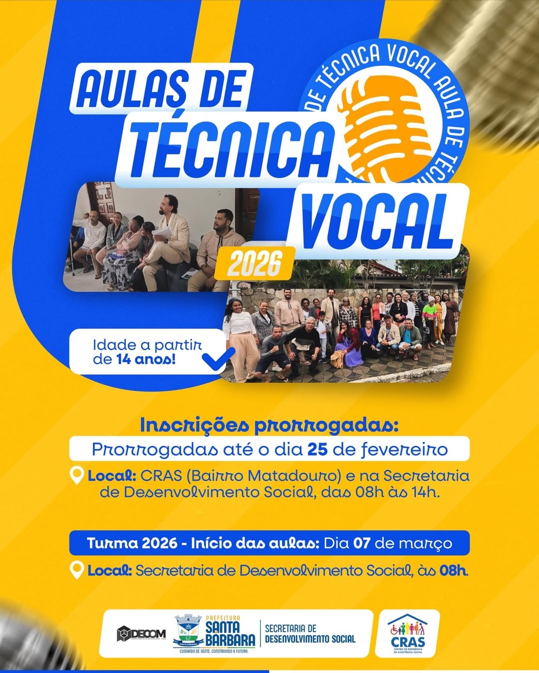 Inscrições Prorrogadas até o dia 25 de fevereiro - Aulas de técnica vocal 2026.  Idade a partir de 14 anos. Faça já a sua inscrição!