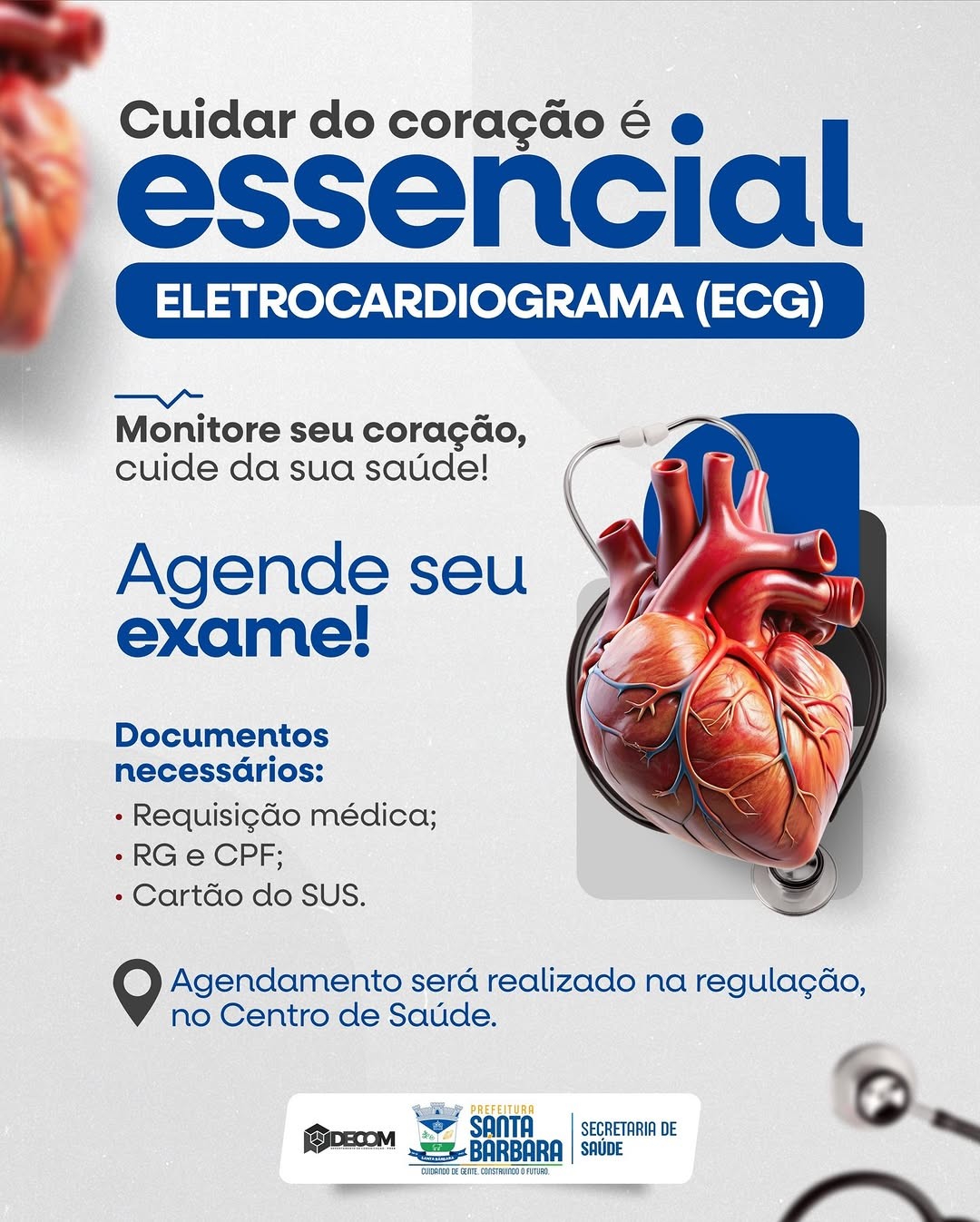 A Prefeitura Municipal de Santa Bárbara, por meio da Secretaria de Saúde, está realizando Eletrocardiograma (ECG) para você monitorar seu coração e cuidar da sua saúde!